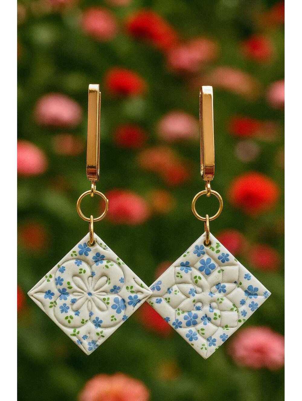 Handmade Blue Floral Tile Polymer Clay Dangle Earrings with Gold Hardware - Boho